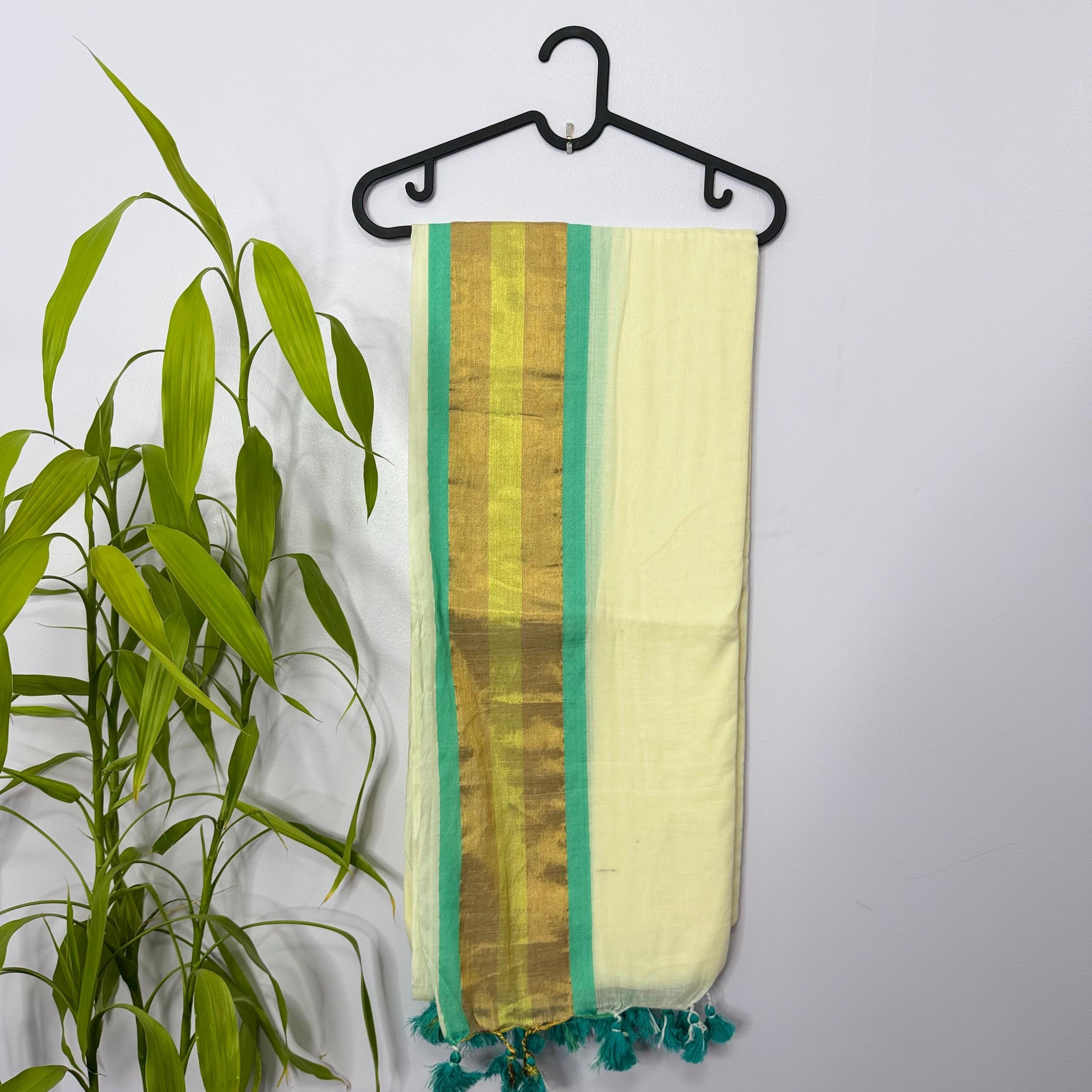 Elegant Off-White & Teal Mul Cotton Saree with Zari Border
