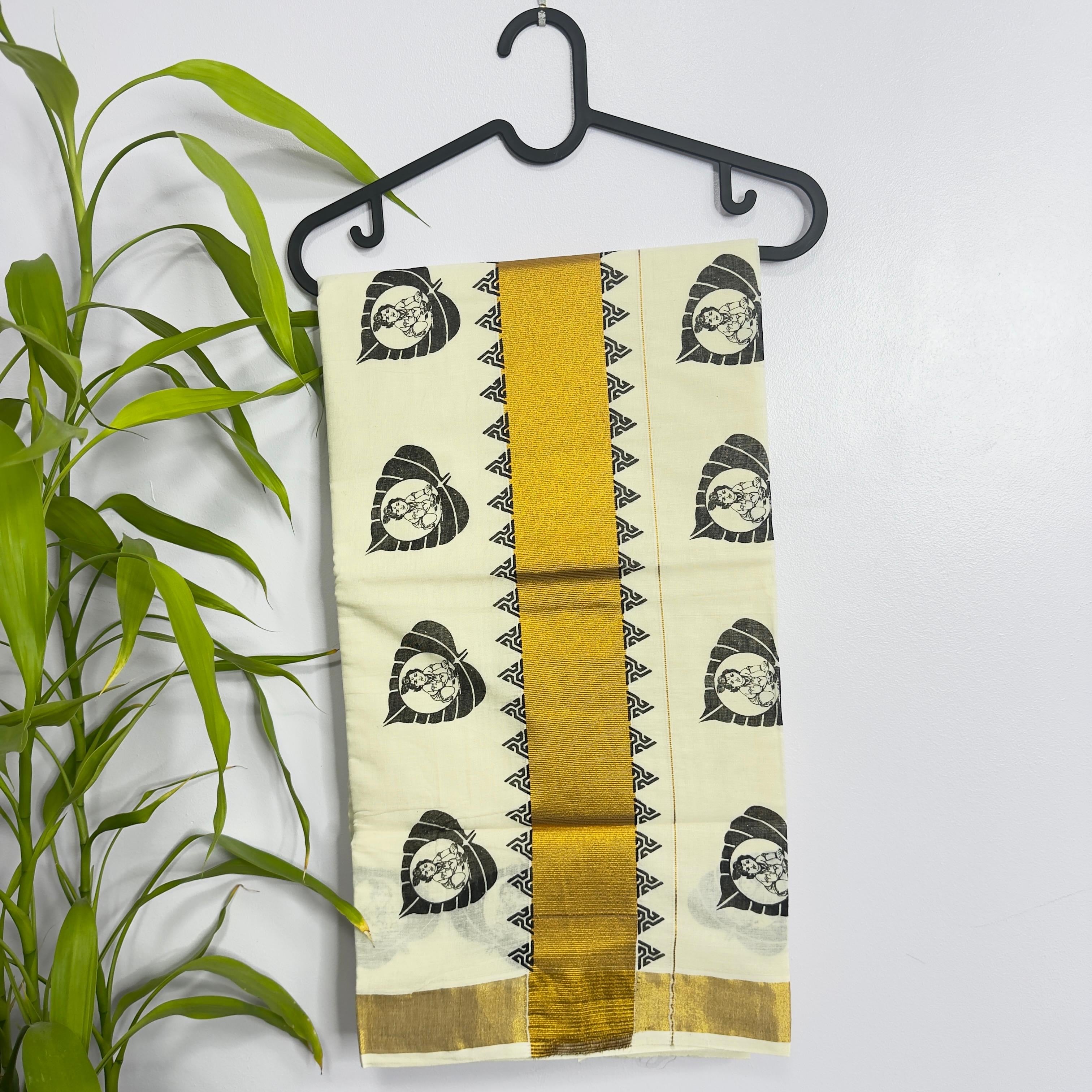 Elegant Kerala Kasavu Cotton Saree with Krishna Print
