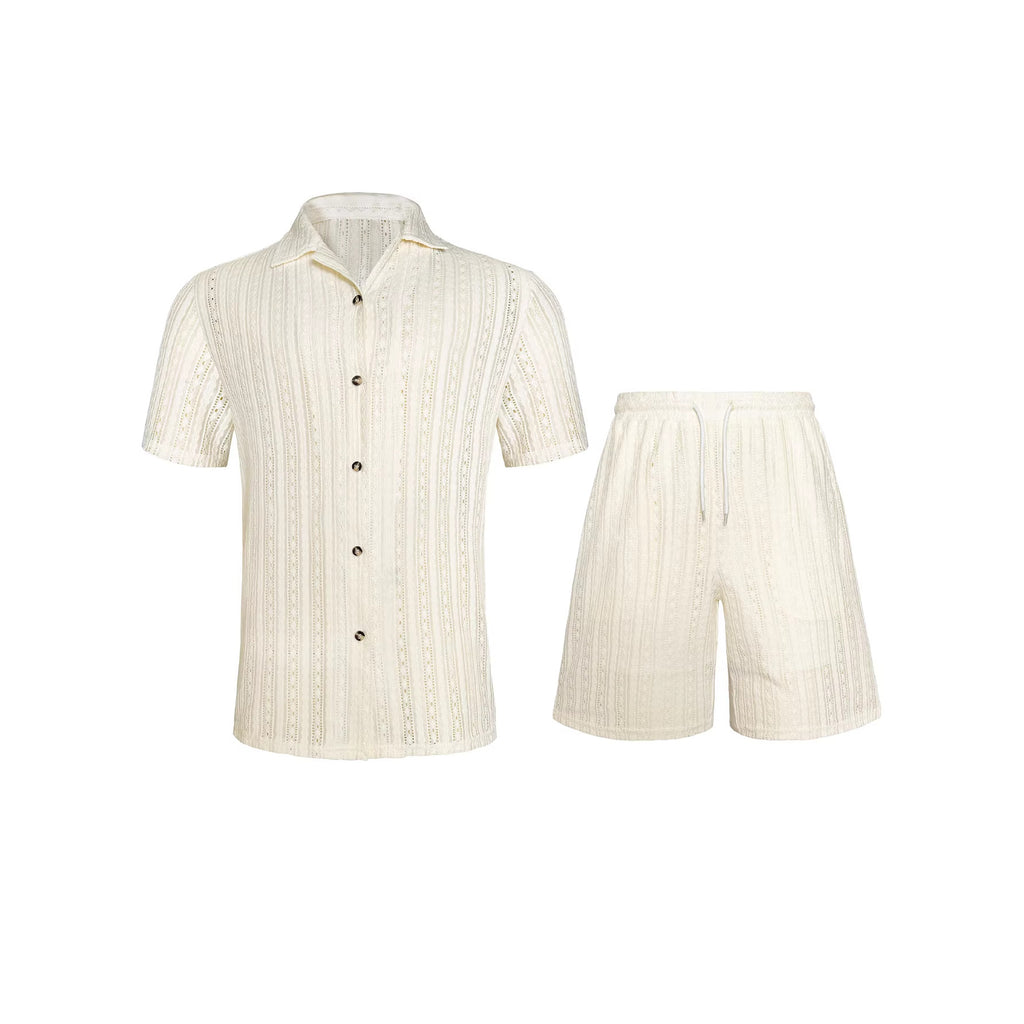 Mens Hollow-Out Breathable Short-Sleeve Shirt And Shorts Set