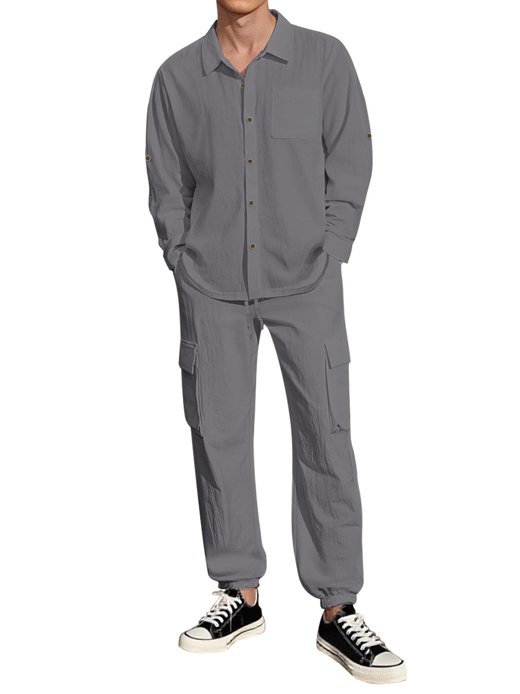 Long Sleeve Lapel Linen Shirt Overalls Suit