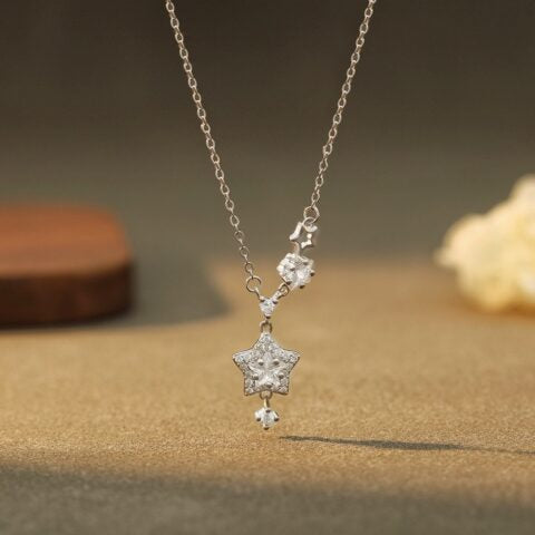 Platinum Plated 925 Sterling Silver Star Pendant Necklace with 5A Zirconia