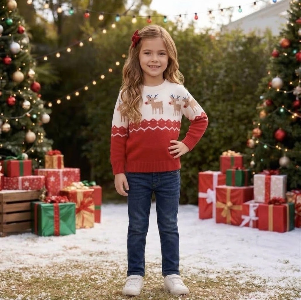 Red Kids Christmas Jumper - Reindeer Fair Isle Knit