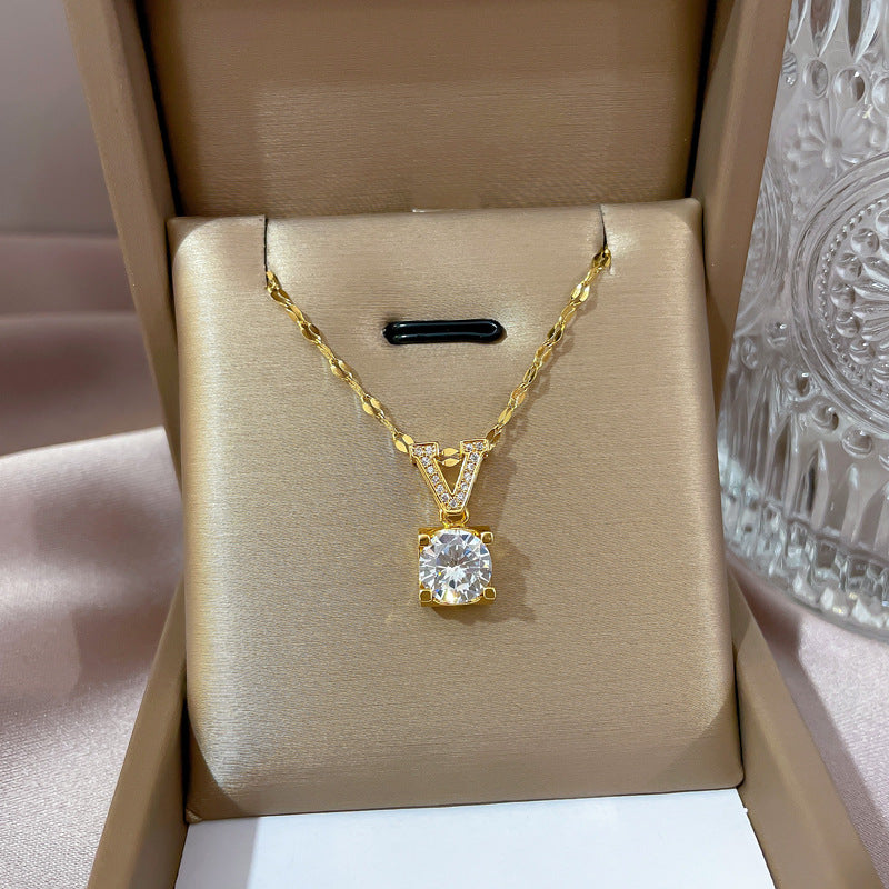 18K Gold Plated 316L Stainless Steel Waterproof V Shape Zirconia Pendant Necklace