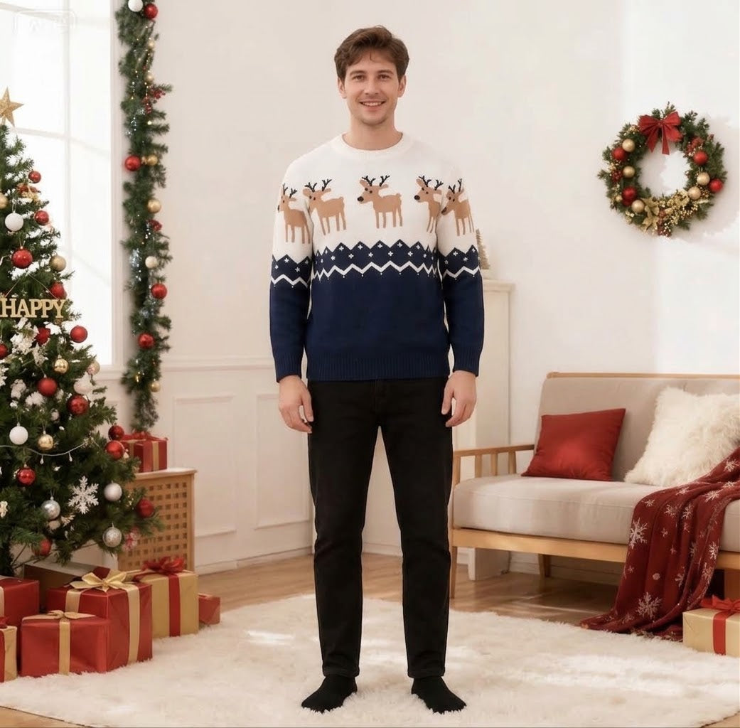 Navy Blue Adult Christmas Jumper - Reindeer Fair Isle Knit