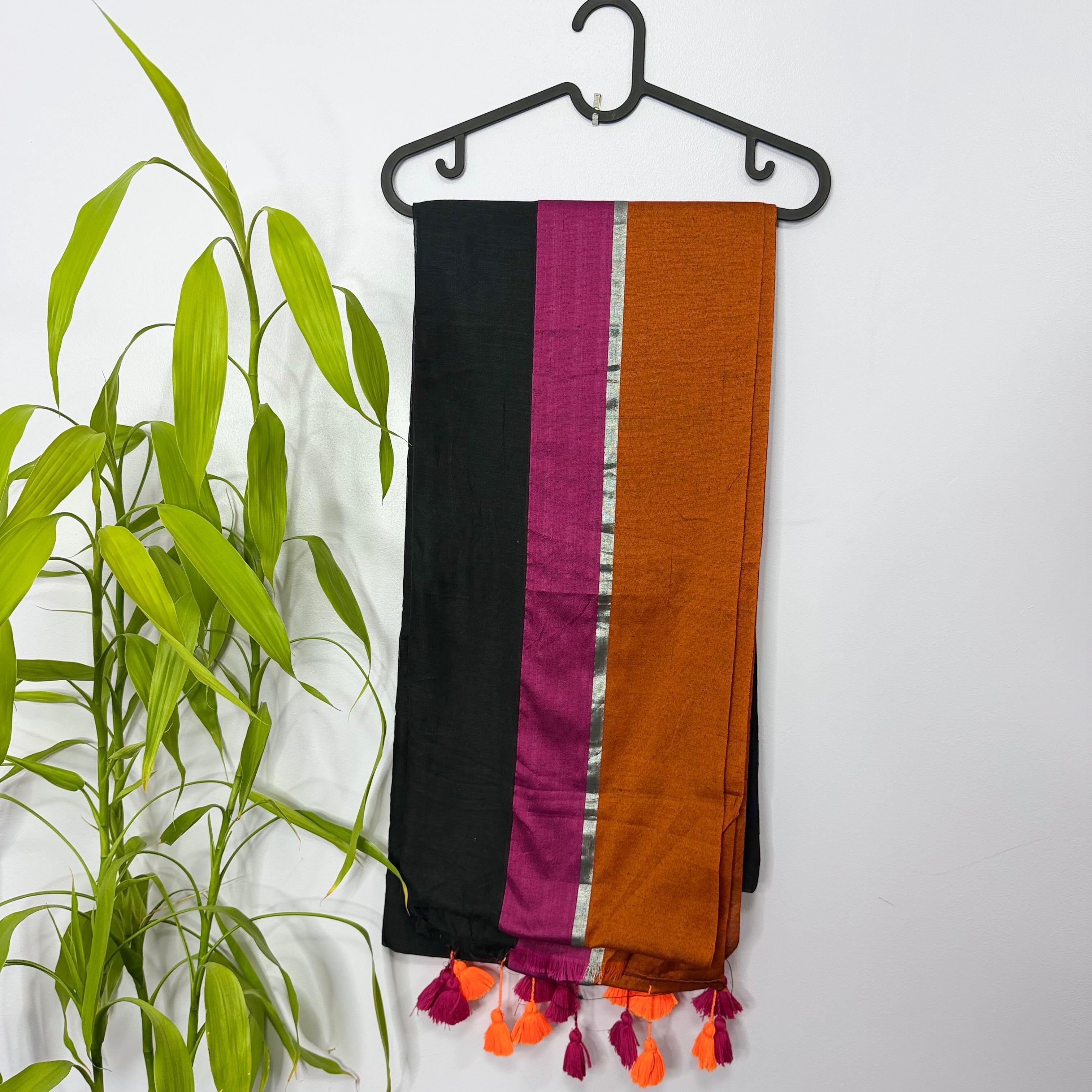 Bold Charcoal, Pink & Orange Mul Cotton Saree with Silver Accents