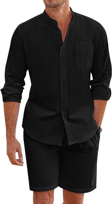 Men's Cotton Linen Comfortable Long Sleeve Shirt Shorts Suit