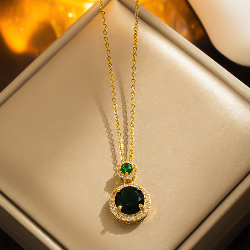 18K Gold Plated Emerald Green Crystal Pendant Necklace | Waterproof & Anti-Tarnish Stainless Steel Jewelry