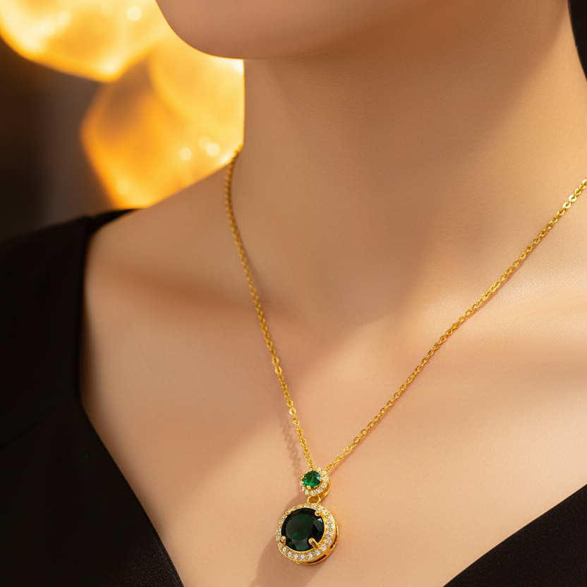 18K Gold Plated Emerald Green Crystal Pendant Necklace | Waterproof & Anti-Tarnish Stainless Steel Jewelry