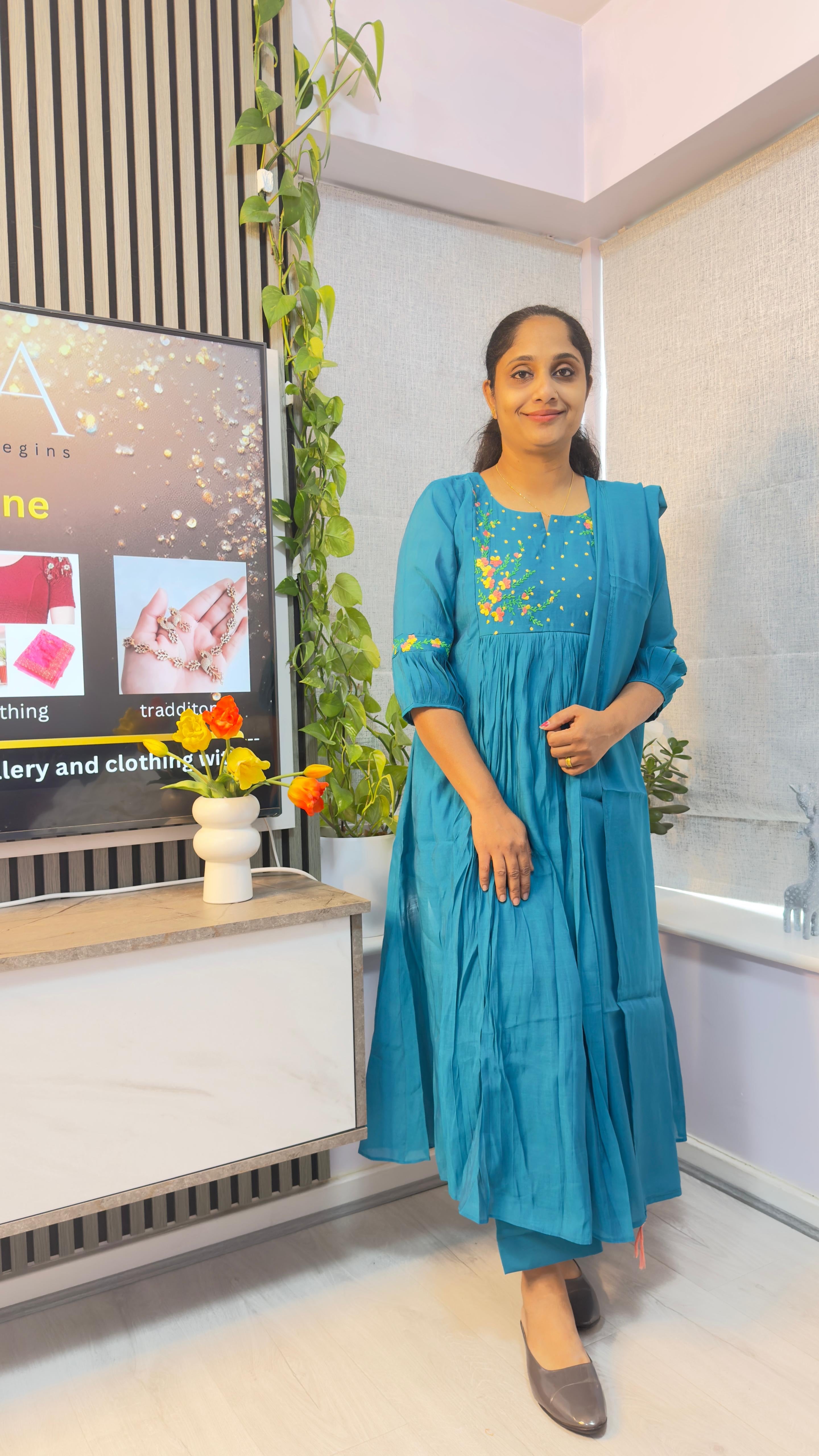 Embroidered Mul Chanderi Three-Piece Salwar Set with Dupatta-TEAL BLUE