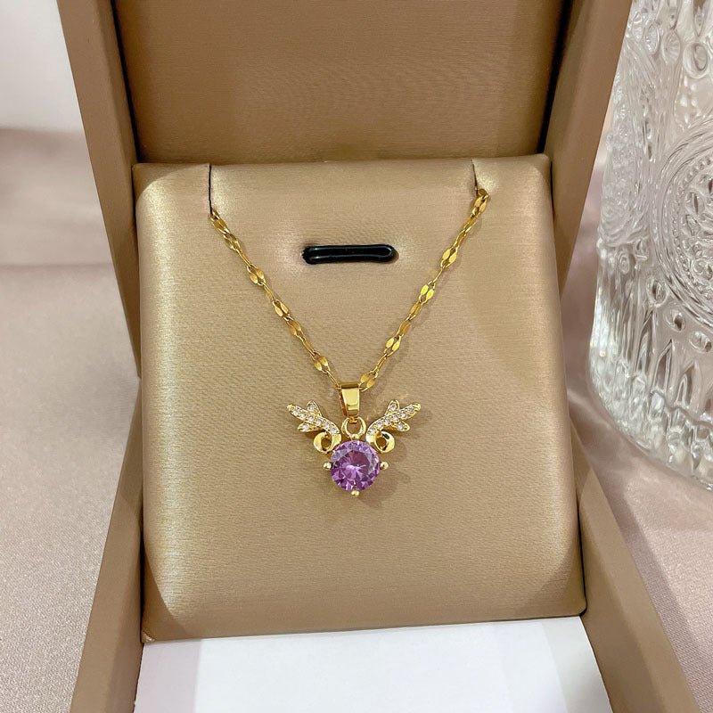 18K Gold Plated Angel Wing Pendant Necklace | Waterproof Purple Zirconia 316L Stainless Steel Jewelry