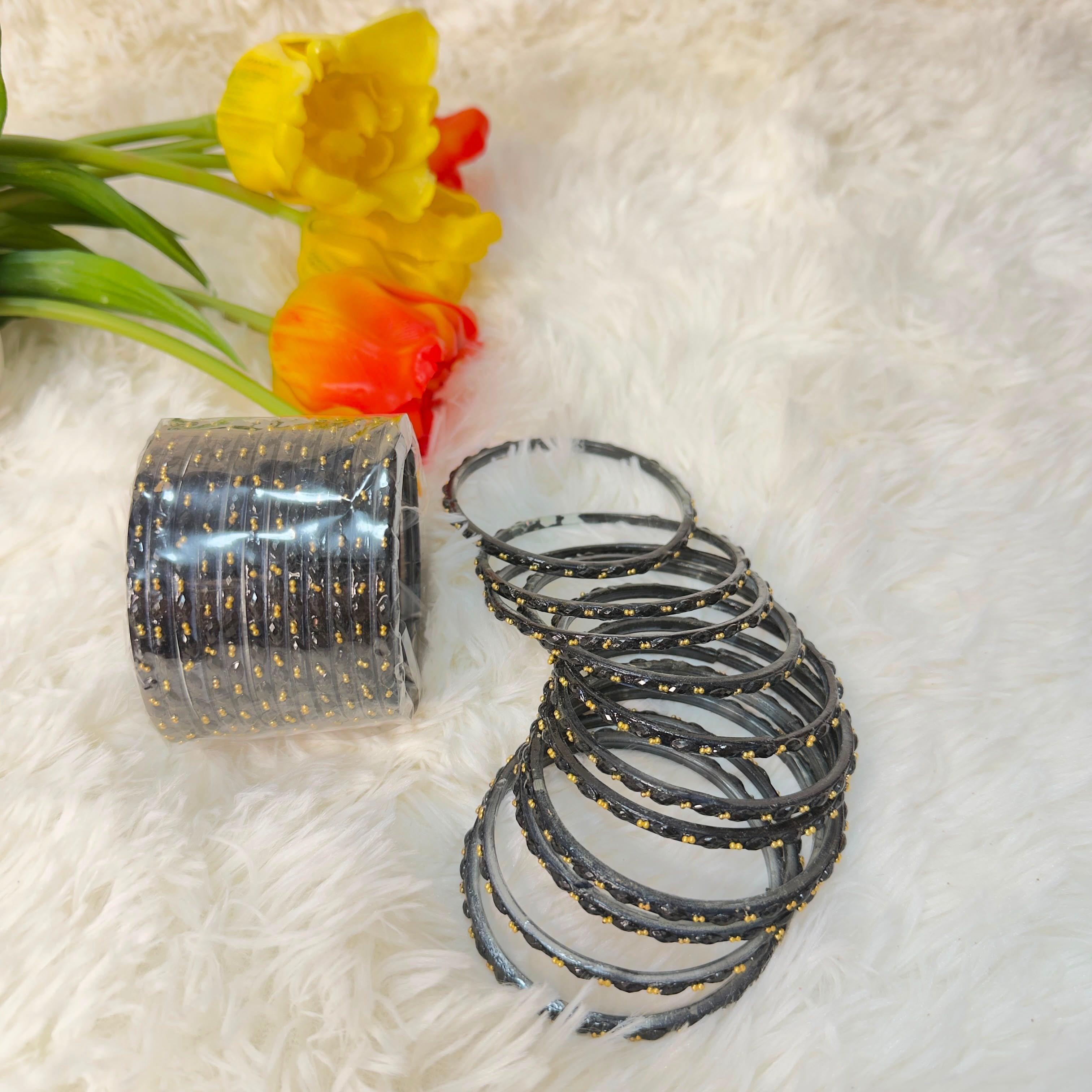 Raindrop black glass bangles
