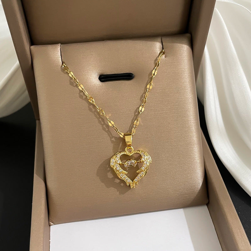 18K Gold Plated 316L Stainless Steel Waterproof Angel Wings Heart Zirconia Necklace