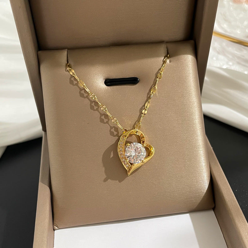 18K Gold Plated 316L Stainless Steel Waterproof Heart Zirconia Pendant Necklace