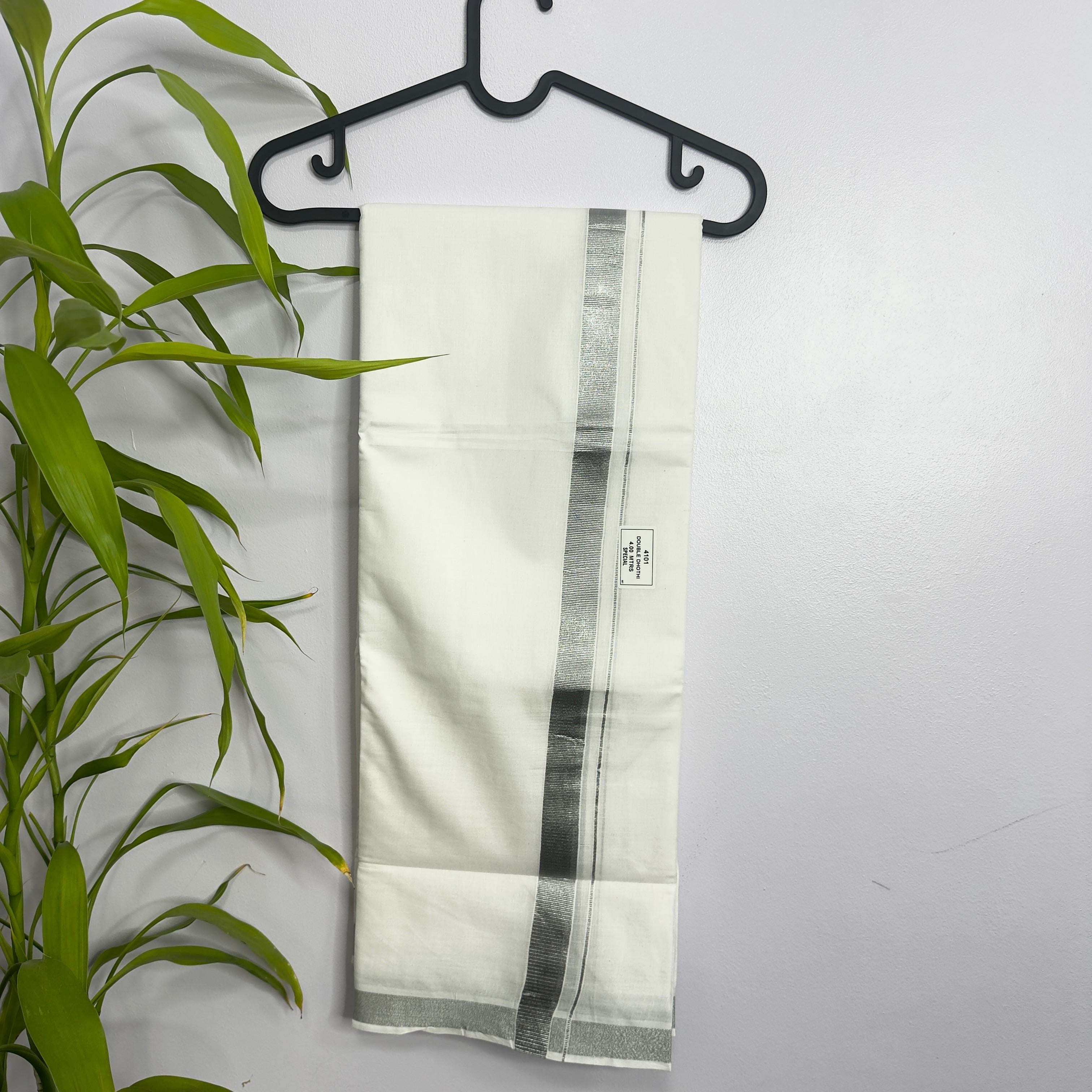 Pure White Double Dhoti with Elegant Silver Border