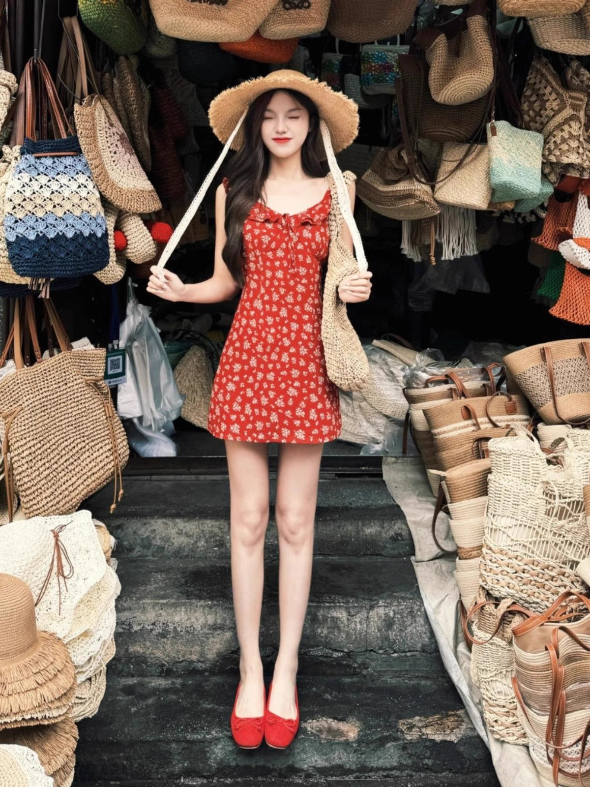 Womens Red Floral Sundress For Beach Vacations
