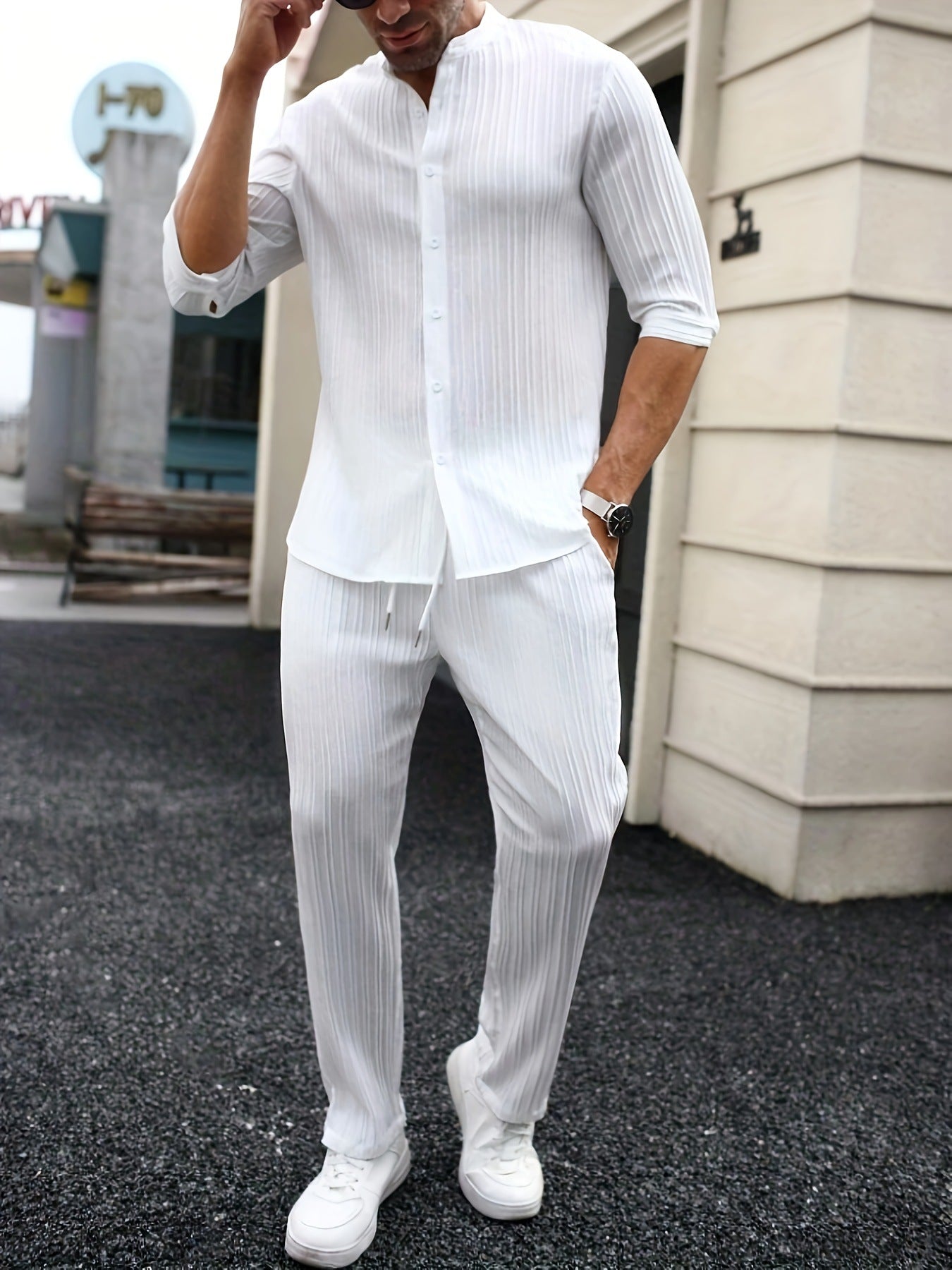 Mens Solid-Color SpringSummer Shirt And Pants Set