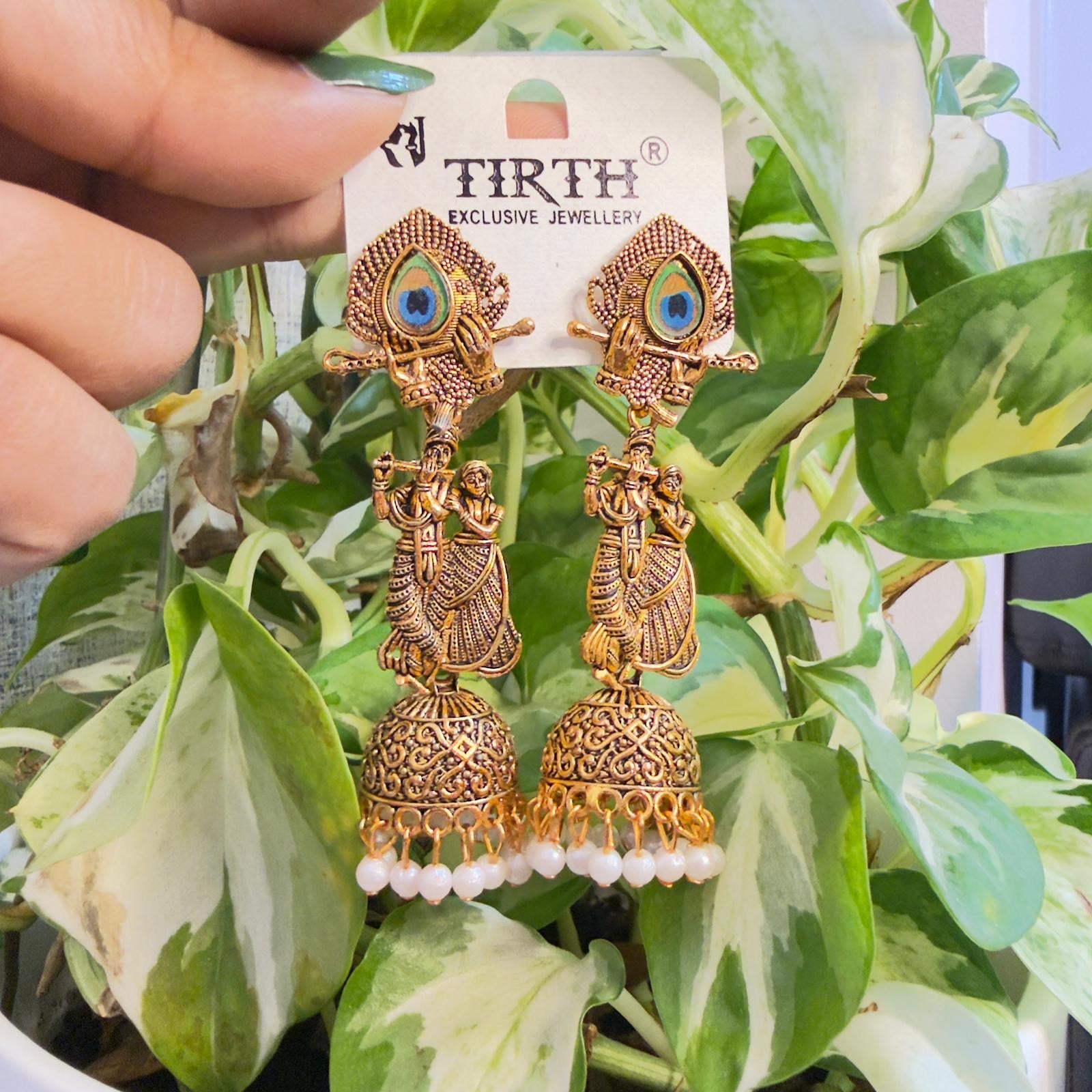 Antique Gold-Tone Ethnic Jhumkas Featuring Flute-Playing Krishna