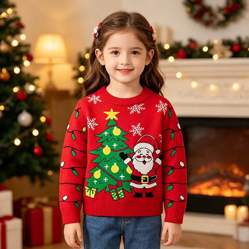 Red Kids Christmas Jumper - Santa & Tree Knit Sweater