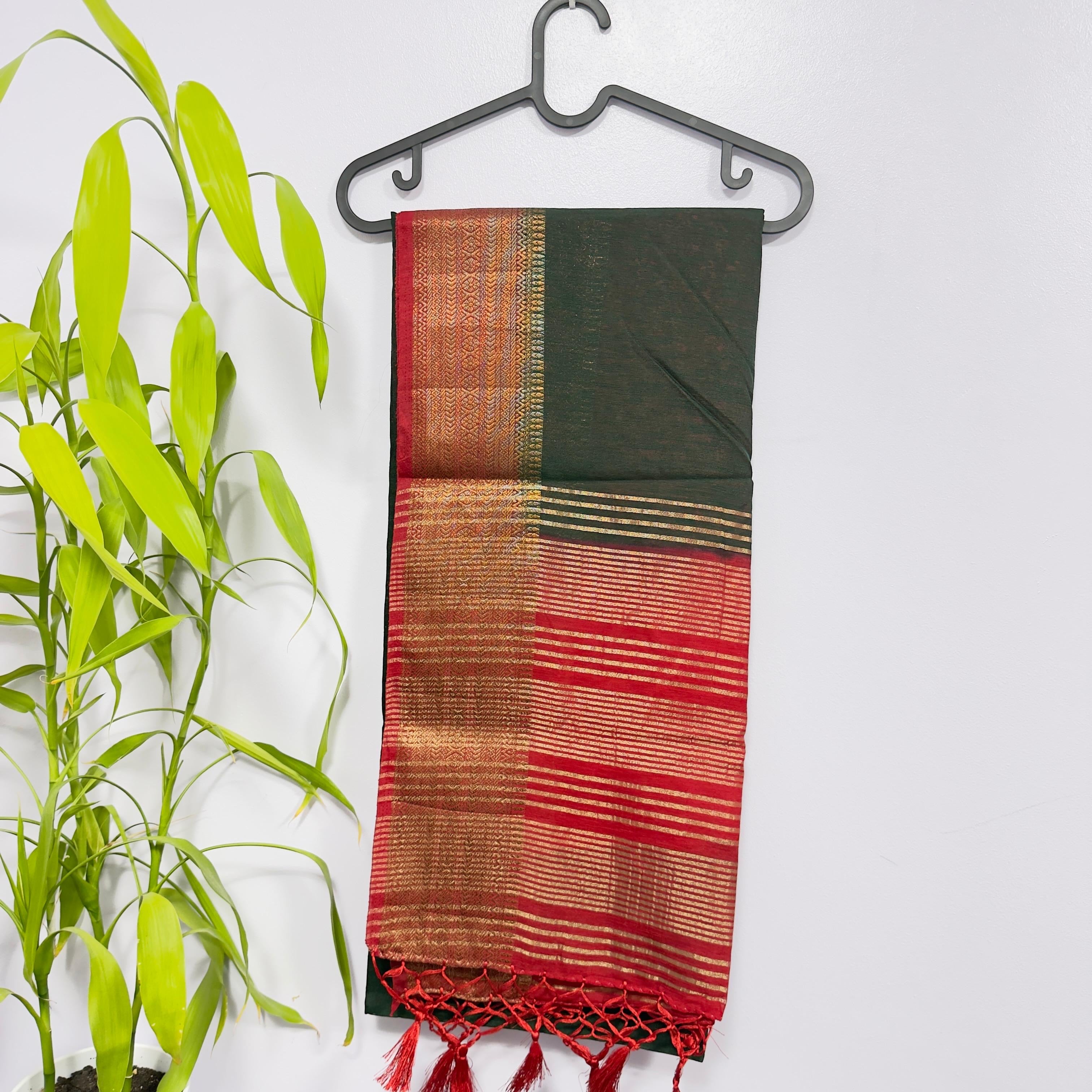 Elegant Bottle Green and Red Semi Jute Saree with Golden Zari Border