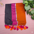 Bold Charcoal, Pink & Orange Mul Cotton Saree with Silver Accents