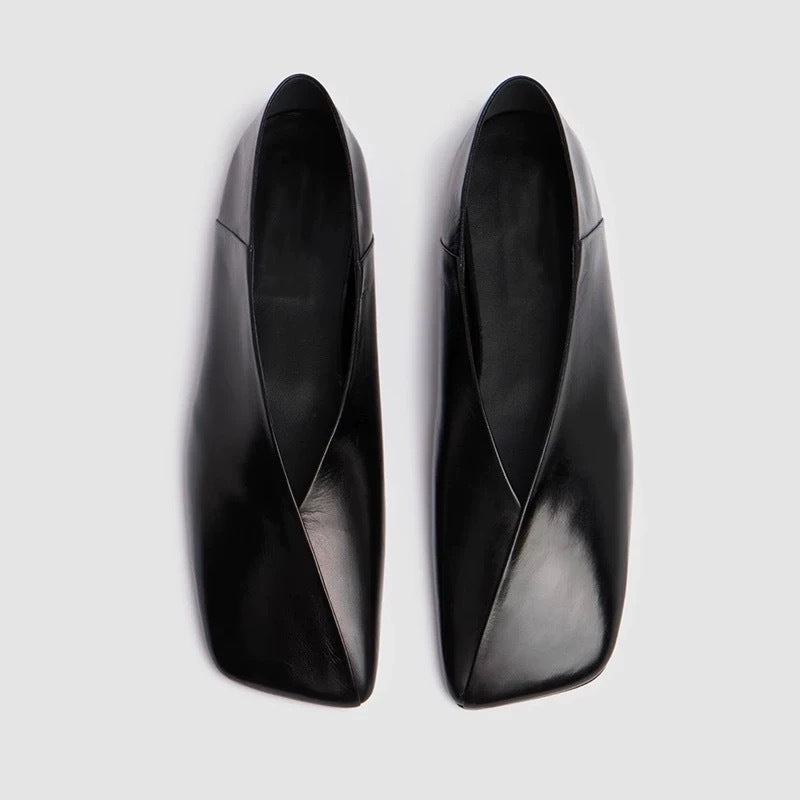 Womens Niche French-Style Genuine Leather V-Neck Square-Toe Flat Shoes