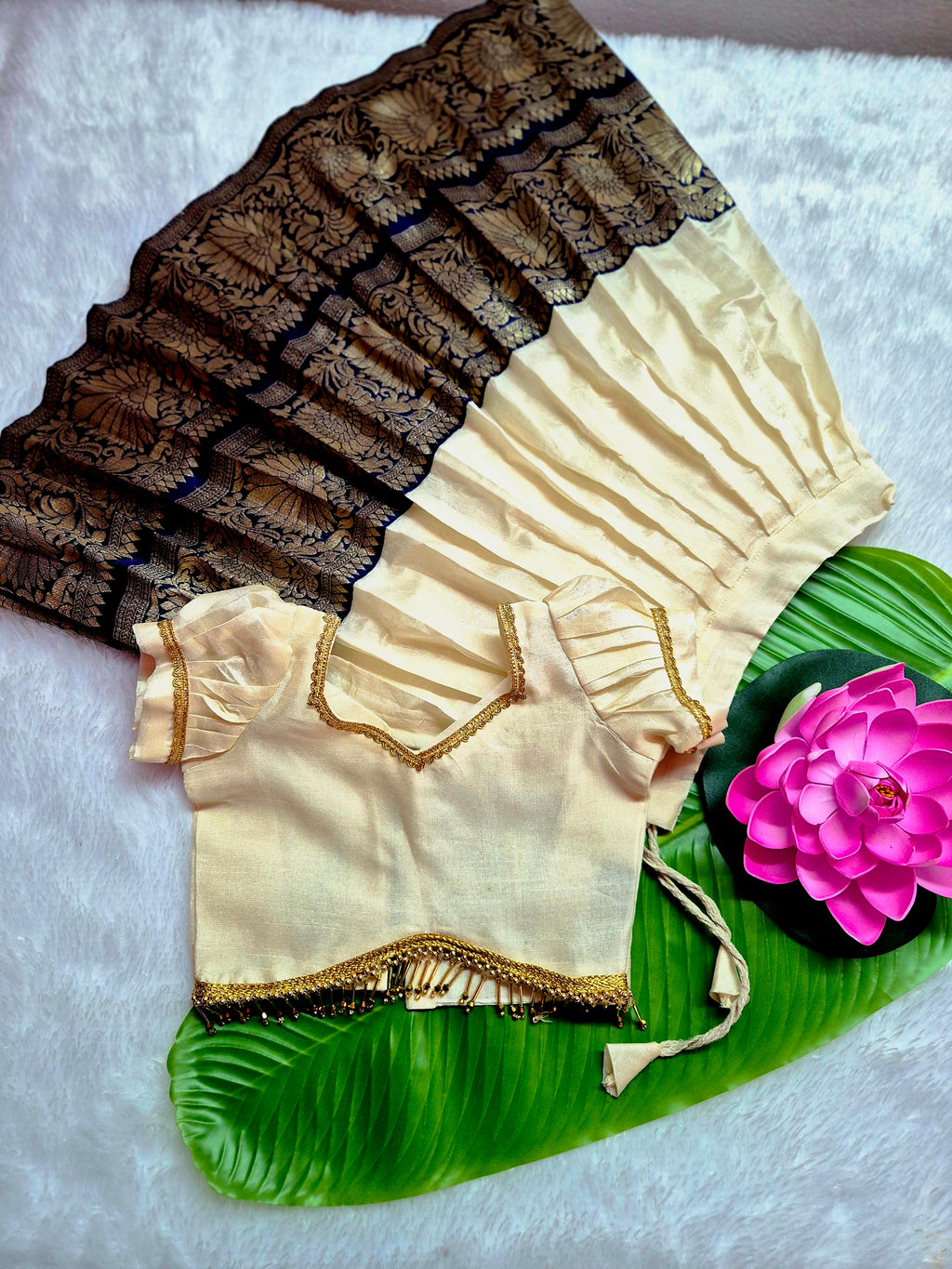 Kids Traditional Navy blue Pattu Pavadai Set