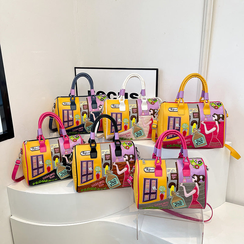 High-capacity Premium Boston Bag With Embroidered Patchwork Design