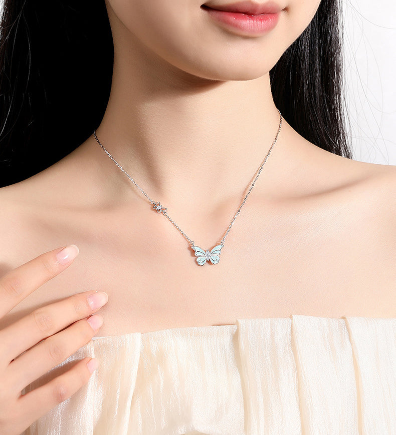 Platinum-Plated S925 Sterling Silver Butterfly Pendant with Light Blue Glowing 5A Zirconia