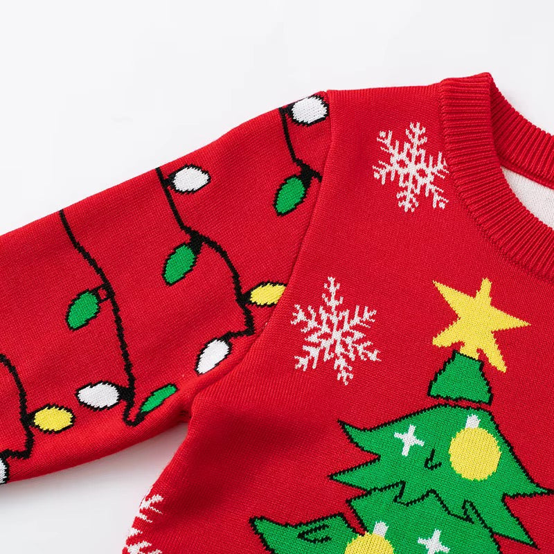 Red Kids Christmas Jumper - Santa & Tree Knit Sweater