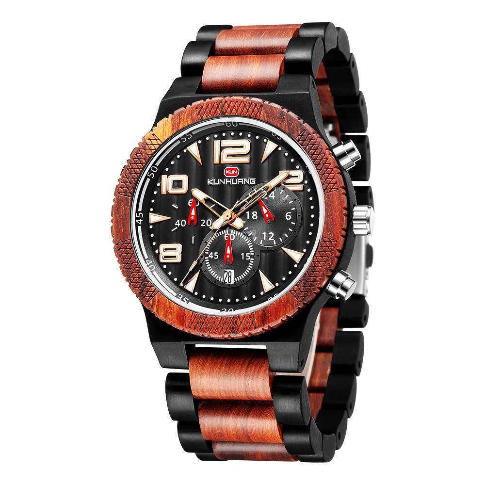 Kunhuang New Men's Watch Big Dial Movement Multi Function Sandalwood Quartz Watch With Luminous