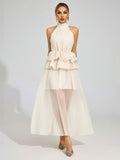 Flowy Ruffled Wedding Dress With A Halter Neckline