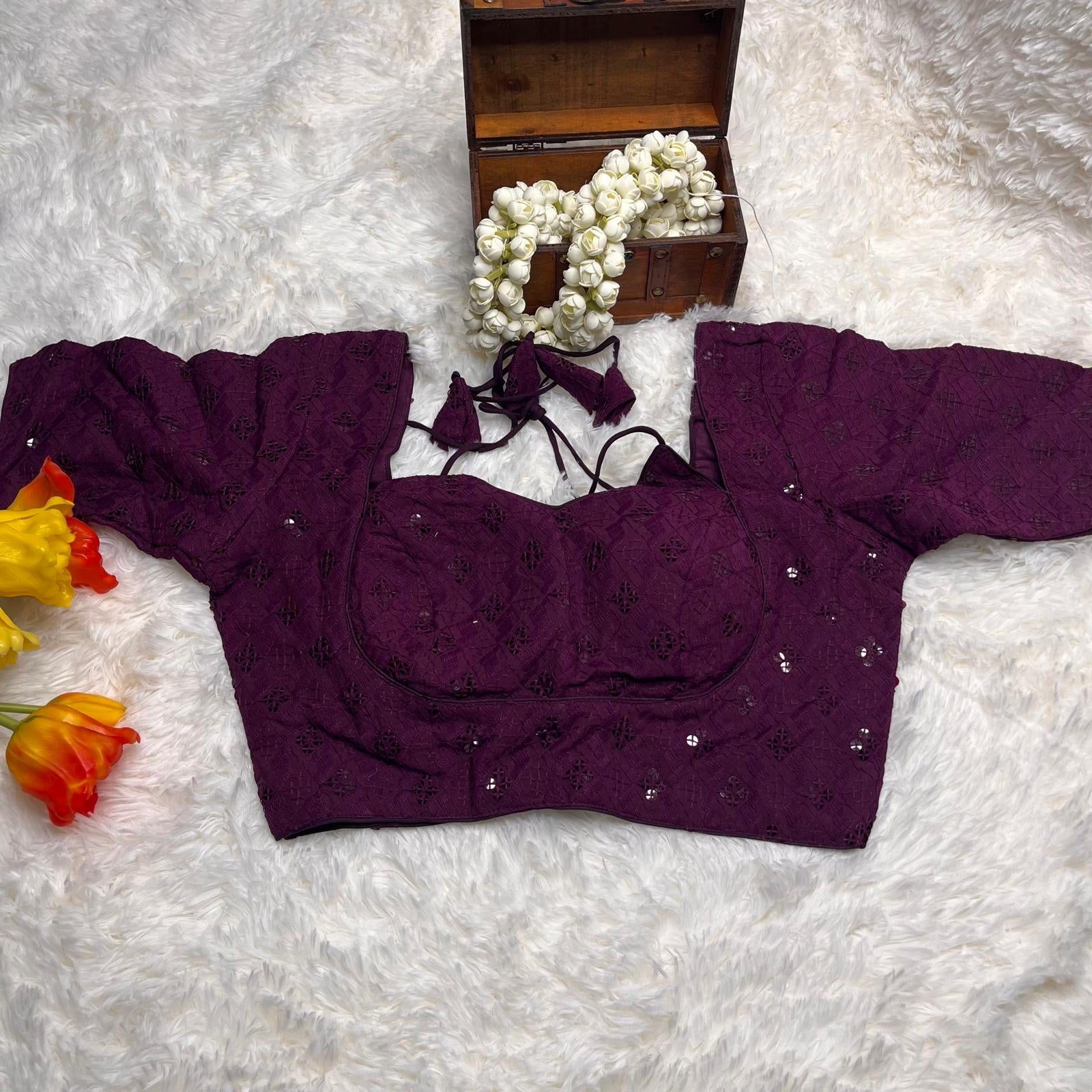 Purple blouse with thread-work and sequins