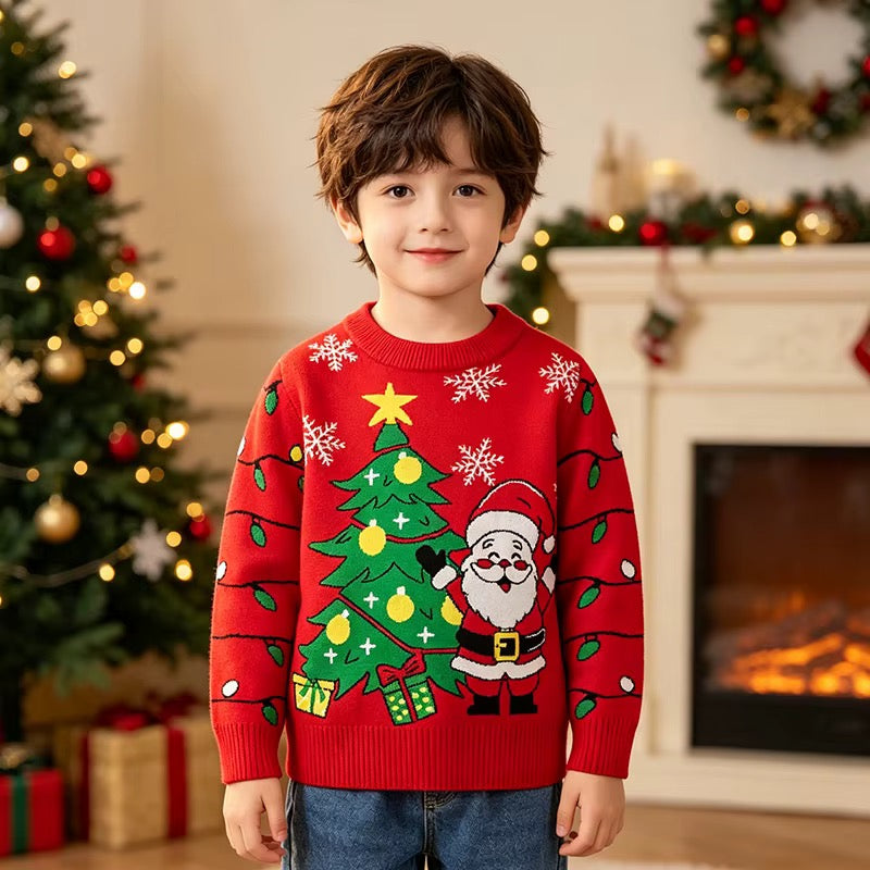 Red Kids Christmas Jumper - Santa & Tree Knit Sweater