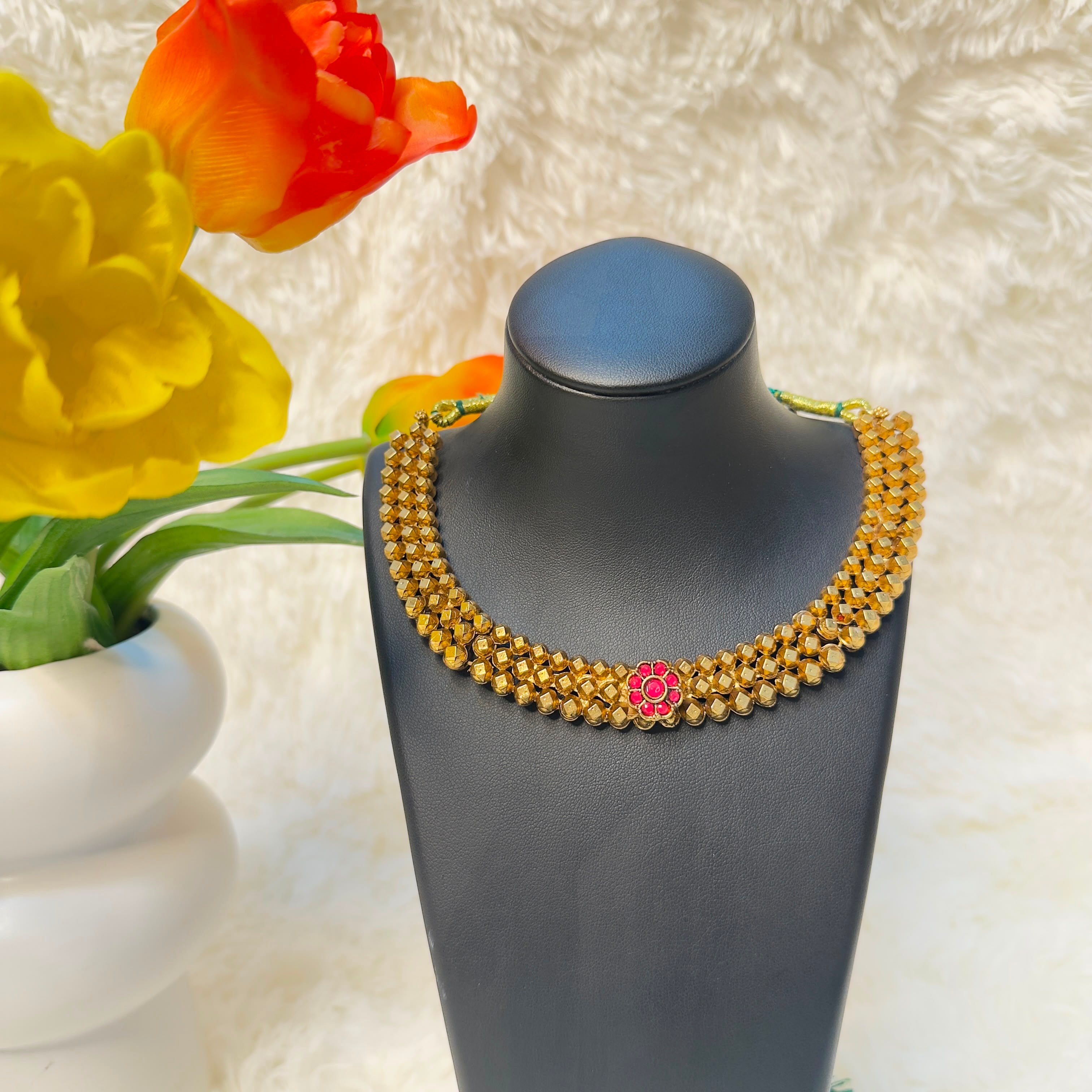 Gold-Plated Beaded Choker with Floral Accent