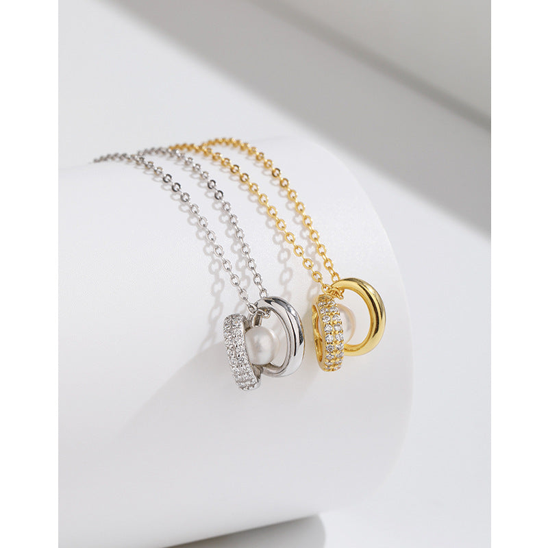 925 Sterling Silver Pearl Necklace Platinum Plated with 5A Zirconia