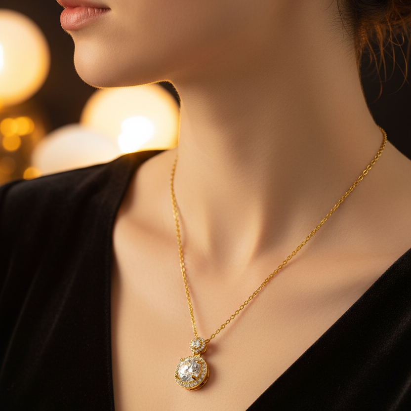18K Gold Plated 316L Stainless Steel Round Crystal Pendant Necklace | Waterproof & Anti-Tarnish