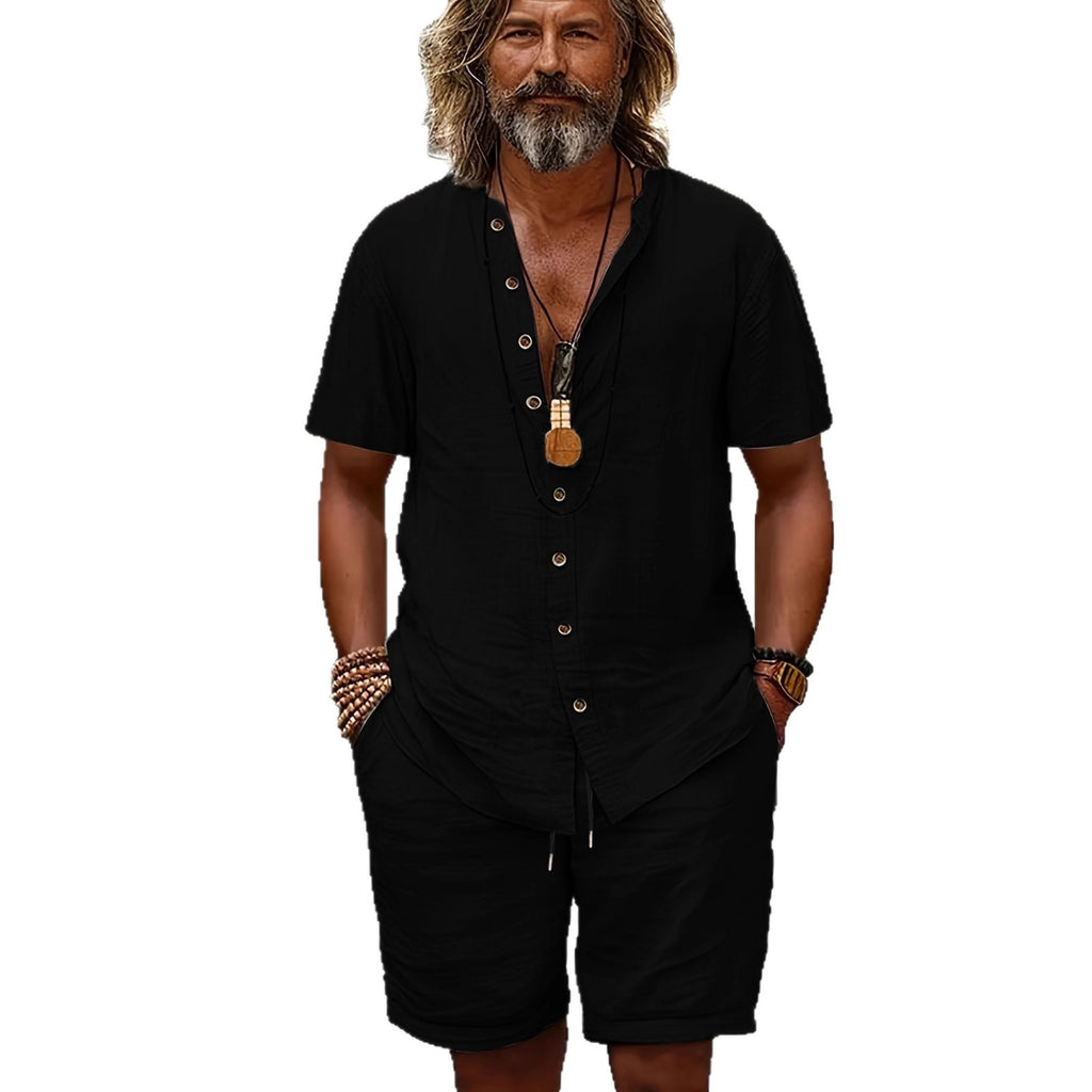 Cotton-linen Short-sleeve Shirt And Loose-fitting Shorts Two-piece Set