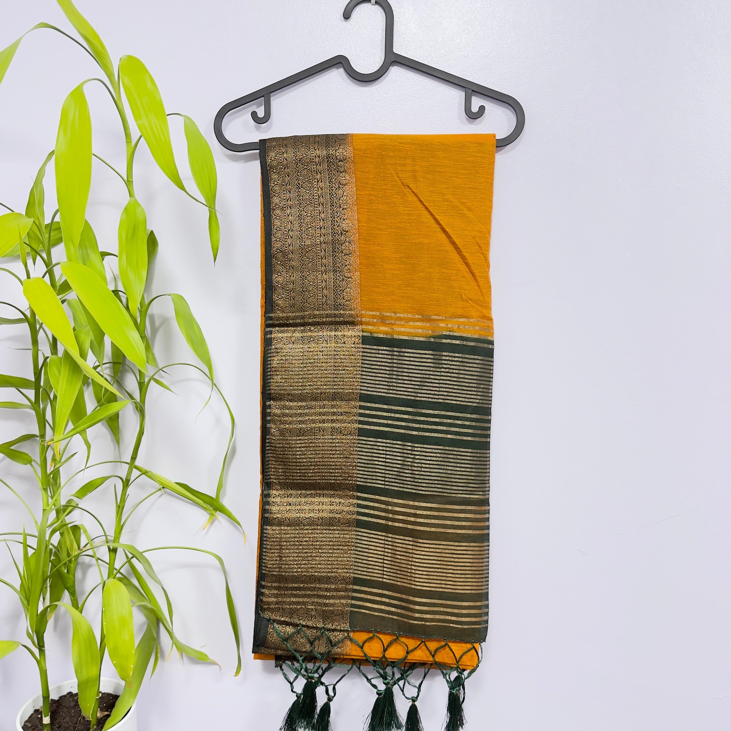 Mustard and Green Semi Jute Saree with Golden Zari Border