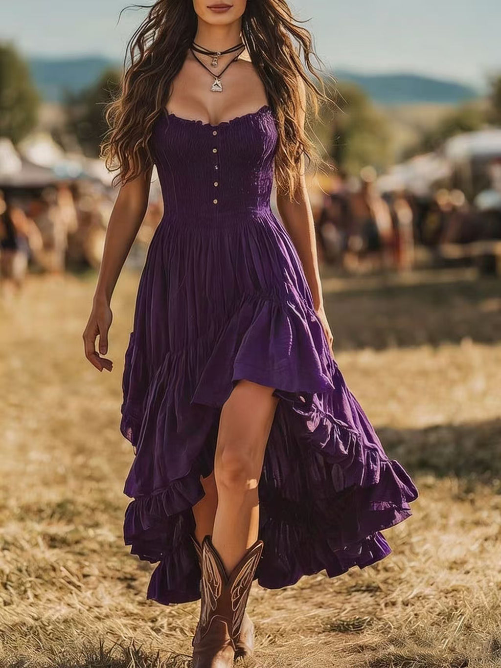 Bohemian-style Dress With An Asymmetrical Ruffled Hem