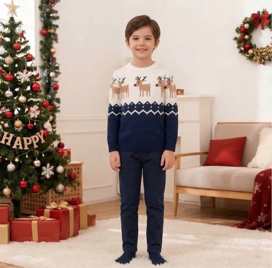 Navy Blue Kids Christmas Jumper - Reindeer Fair Isle Knit