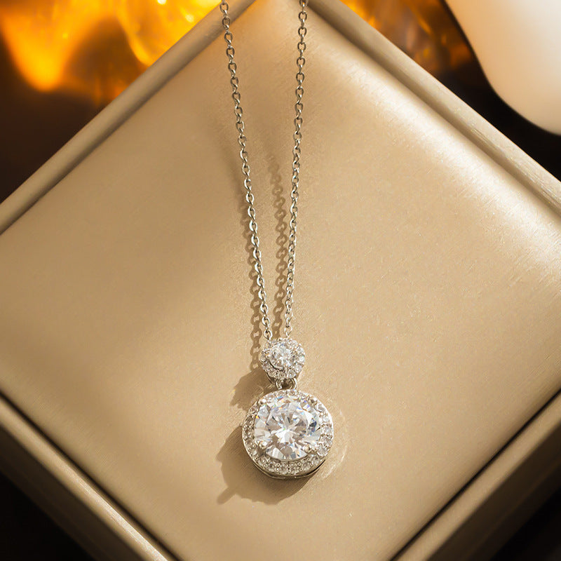 Silver Plated 316L Stainless Steel Round Crystal Pendant Necklace | Waterproof & Anti-Tarnish