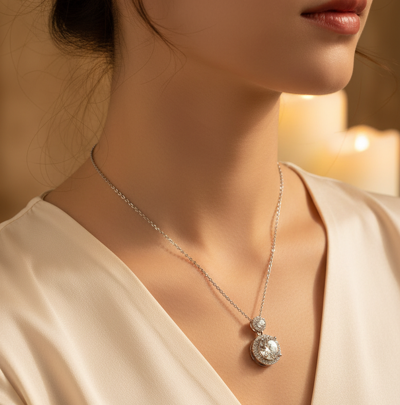Silver Plated 316L Stainless Steel Round Crystal Pendant Necklace | Waterproof & Anti-Tarnish