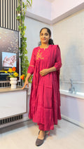 Embroidered Mul Chanderi Three-Piece Salwar Set with Dupatta- MAGENTA