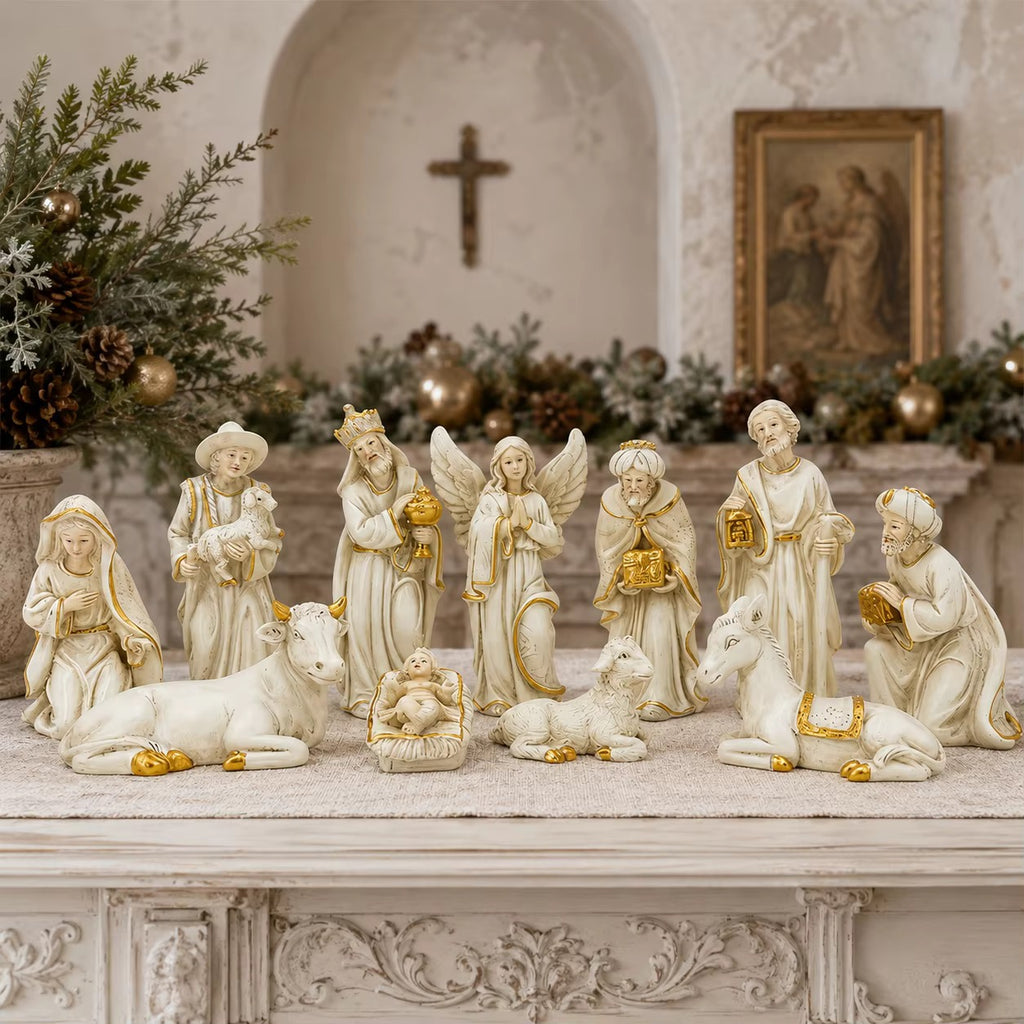 Handpainted Resin Nativity Set with Gold Accents - Christmas Manger Scene Figurines