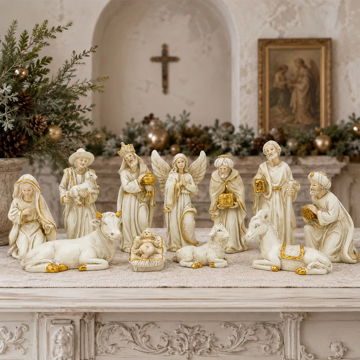 Handpainted Resin Nativity Set with Gold Accents - Christmas Manger Scene Figurines