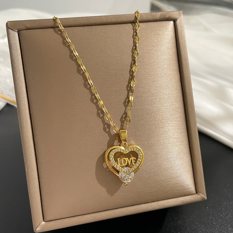 18K Gold Plated LOVE Heart Pendant Necklace | Waterproof Zirconia 316L Stainless Steel Romantic Jewelry