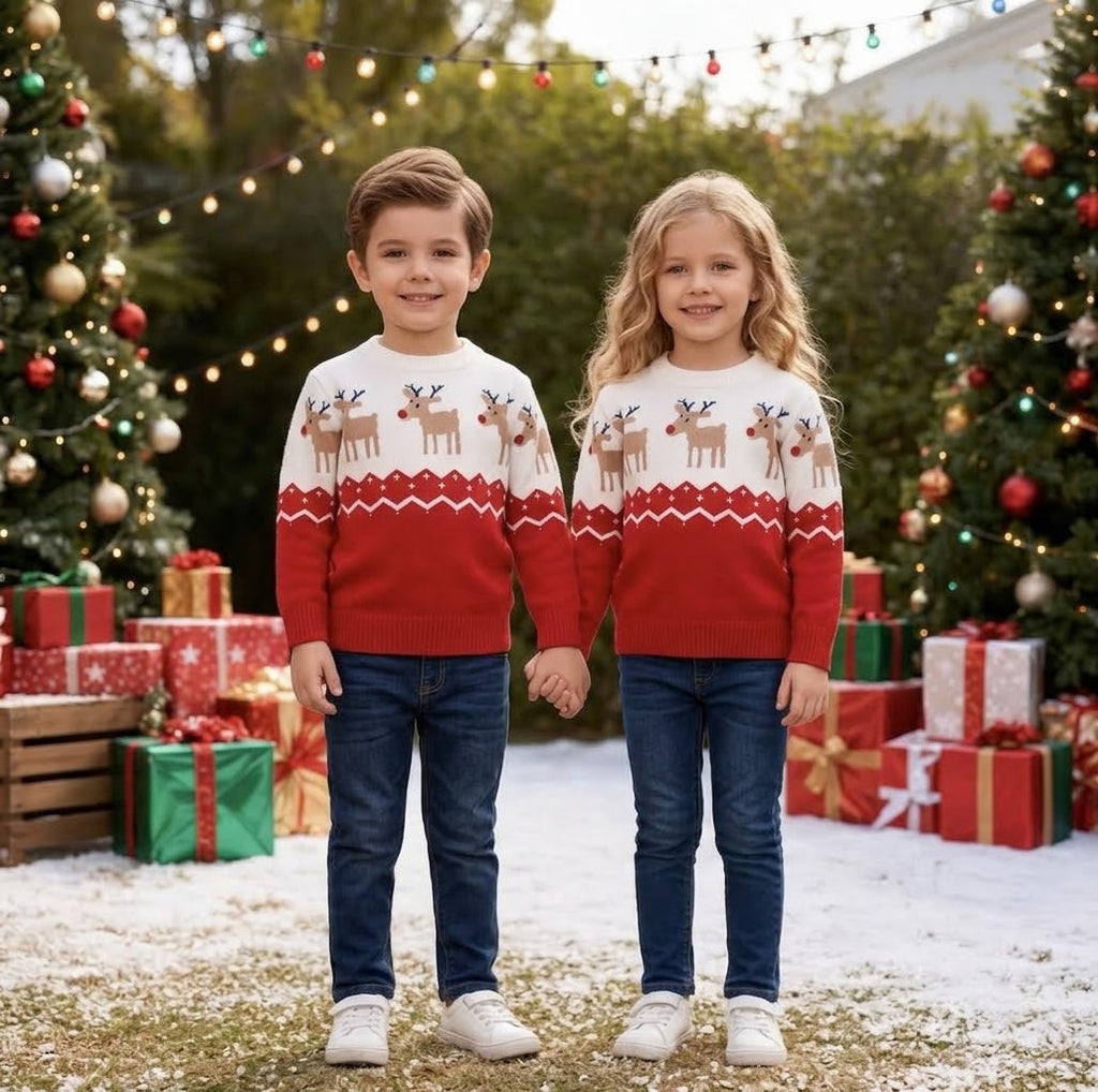 Red Kids Christmas Jumper - Reindeer Fair Isle Knit