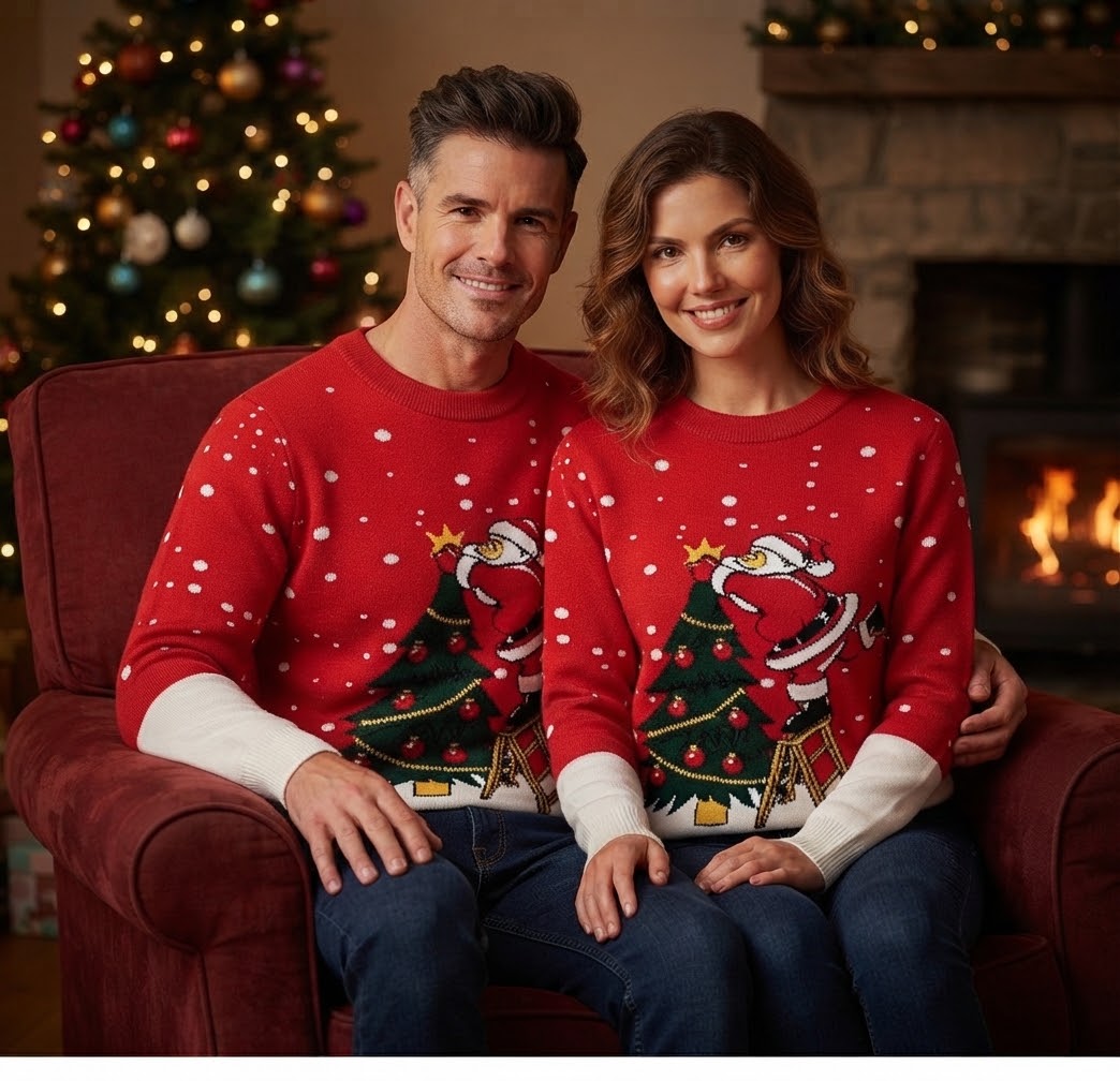 Red Adult Christmas Jumper - Santa & Tree Knit Sweater