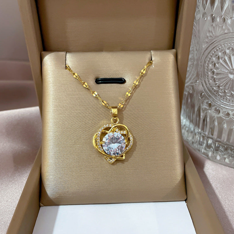 18K Gold Plated 316L Stainless Steel Waterproof Intertwined Heart Zirconia Necklace