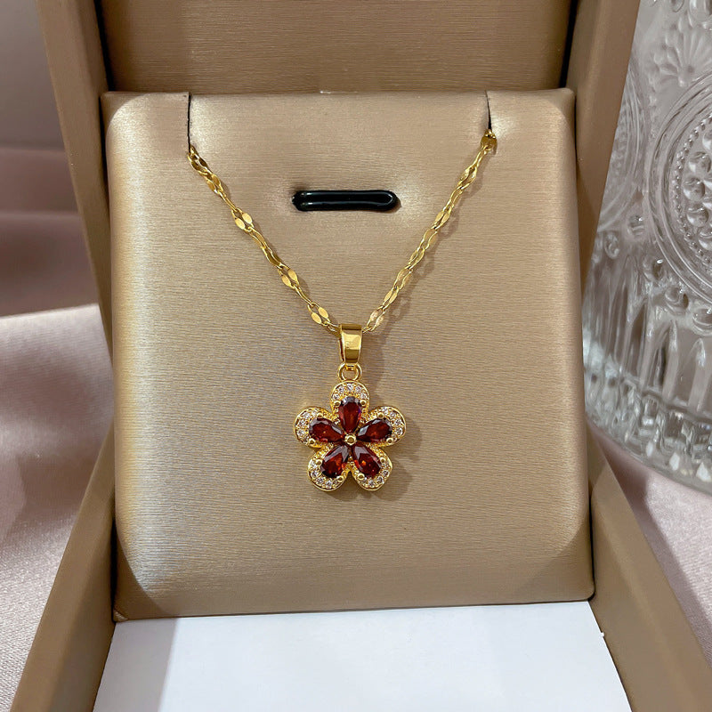 18K Gold Plated Ruby Zircon Flower Necklace - Anti-Tarnish 316L Stainless Steel